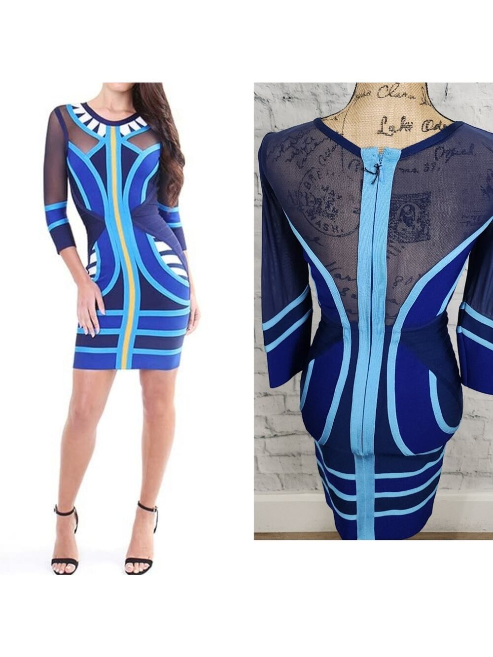 House of CB bodycon dress Sz XS bandage colorblock blue long sleeve party A37